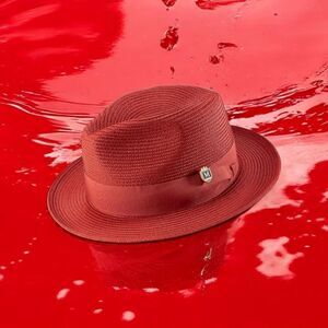 MONTIQUE MENS CRIMSON WIDE BRIM PINCH FEDORA HAT W MATCHING GROSGRAIN RIBBON H42